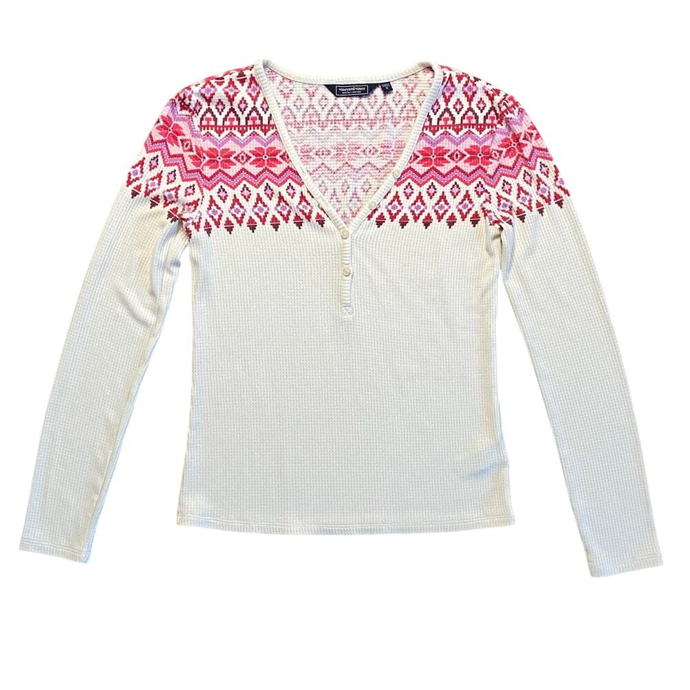 Vineyard Vines V-Neck Waffle Knit Top Shirt Women SZ S Ivory Fair Isle